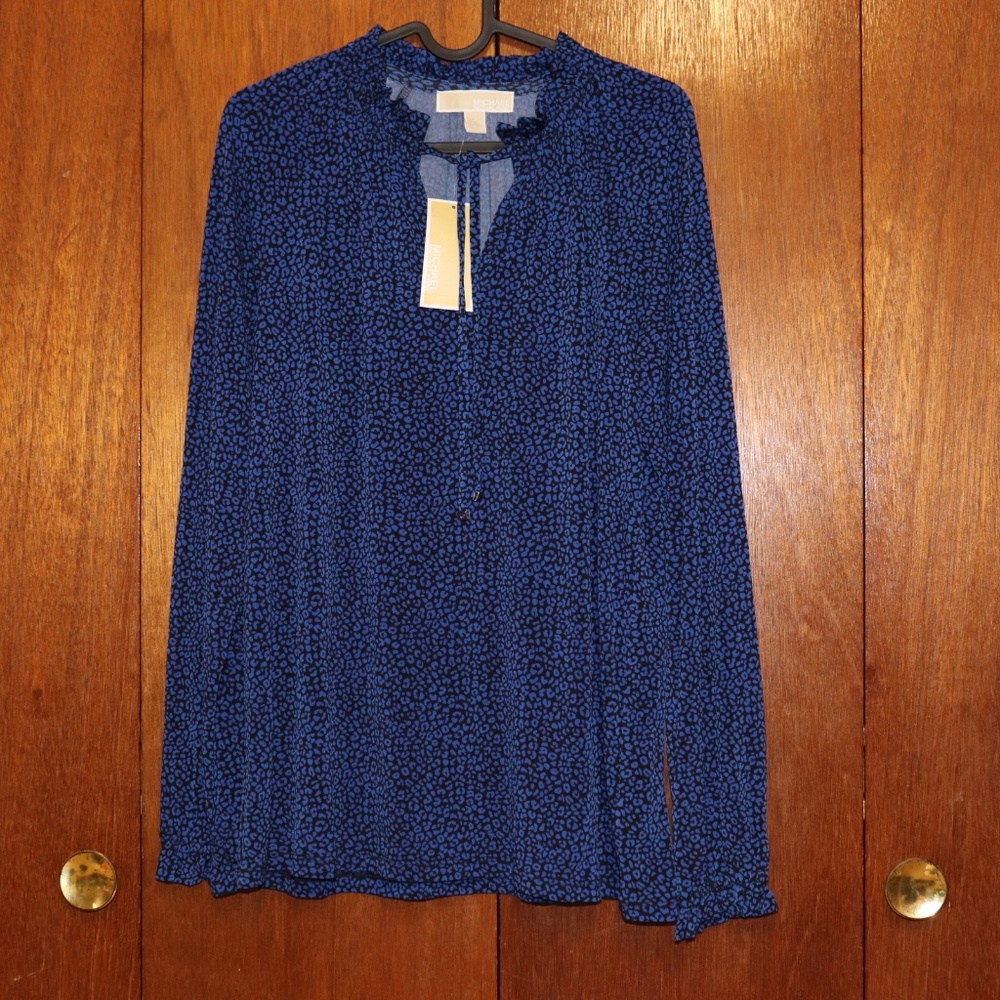 Michael Kors Blue & Black Long Sleeve Blouse – Keyhole Chest Detail